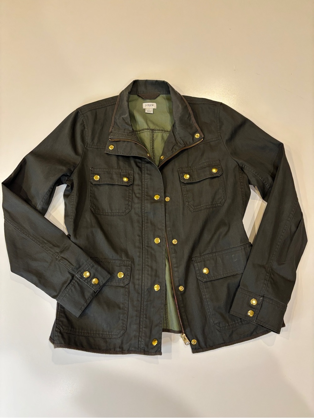 J. Crew Dark Olive Women’s M Utility Jacket with Gold-Tone Snaps & Full Zip